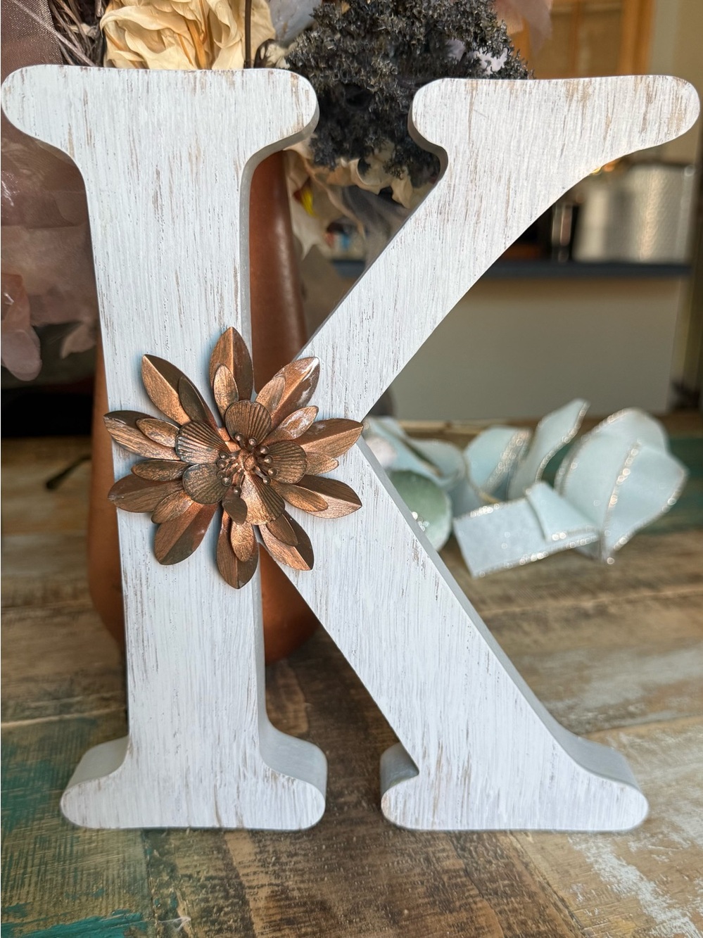 White Distressed Letter K with Bronze Flower Accent - Unbranded